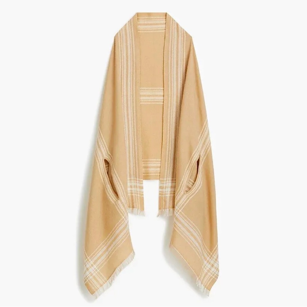 J.Crew Women’s Cape Scraf Plaid Wrap Fringe Beige One Size. Beautiful.